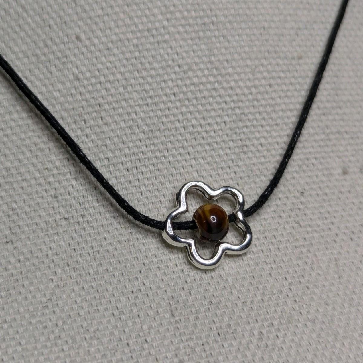 NoctemPottery Ceramic Bead Flower Charm Pendant Necklace Adjustable Black Cord