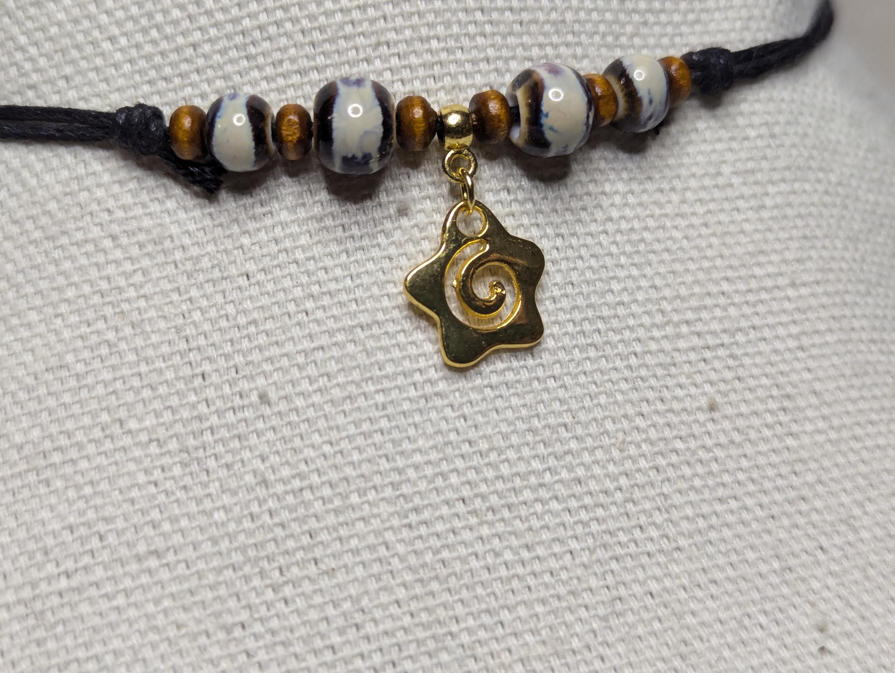 NoctemPottery Spiral Star Charm Ceramic Beaded Pendant Necklace Adjustable Cord