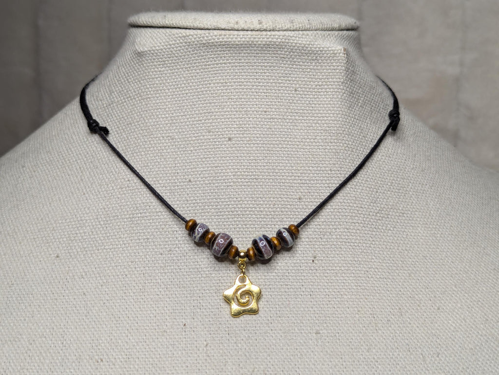 NoctemPottery Spiral Star Charm Ceramic Beaded Pendant Necklace Adjustable Cord