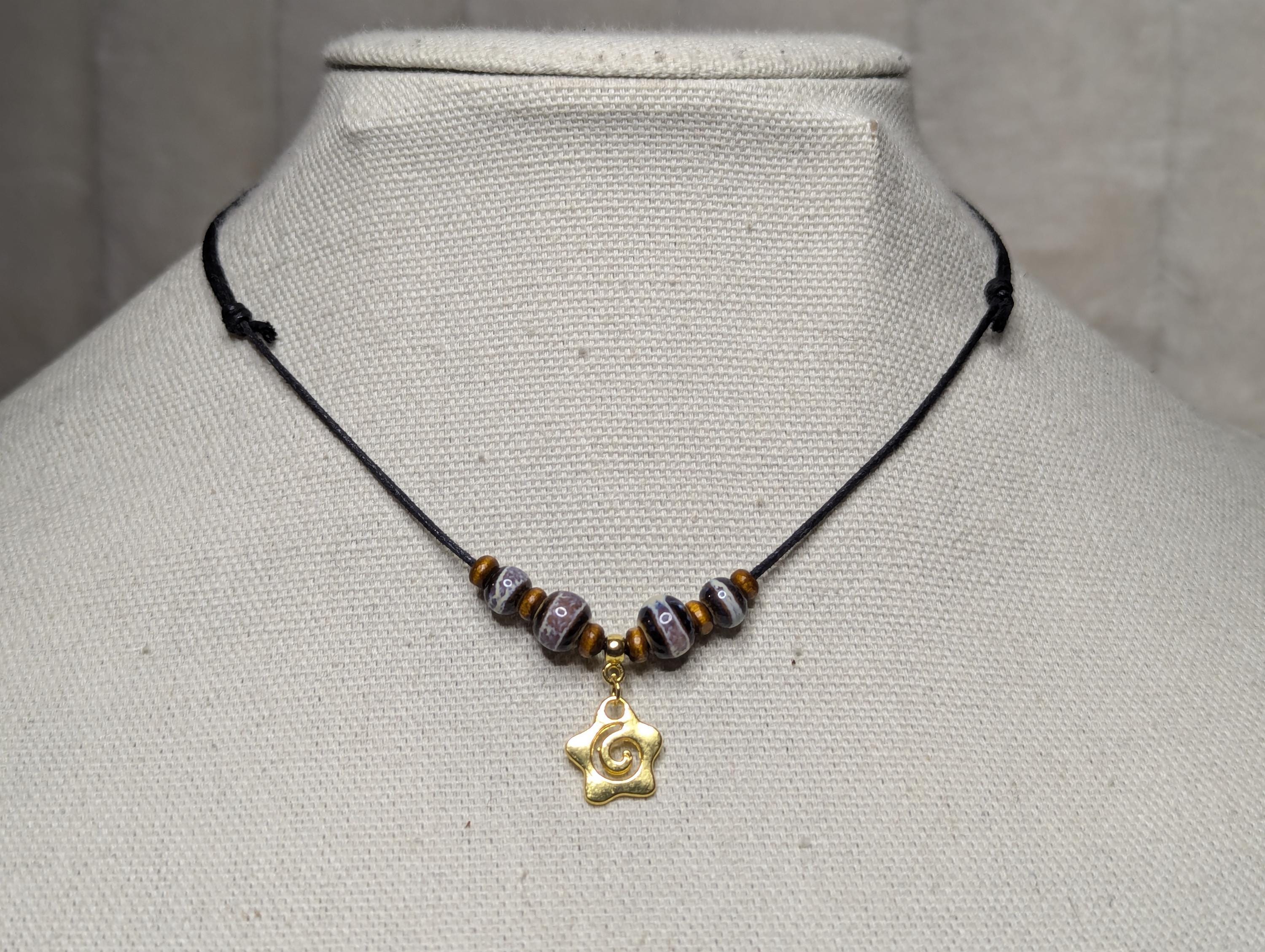 NoctemPottery Spiral Star Charm Ceramic Beaded Pendant Necklace Adjustable Cord