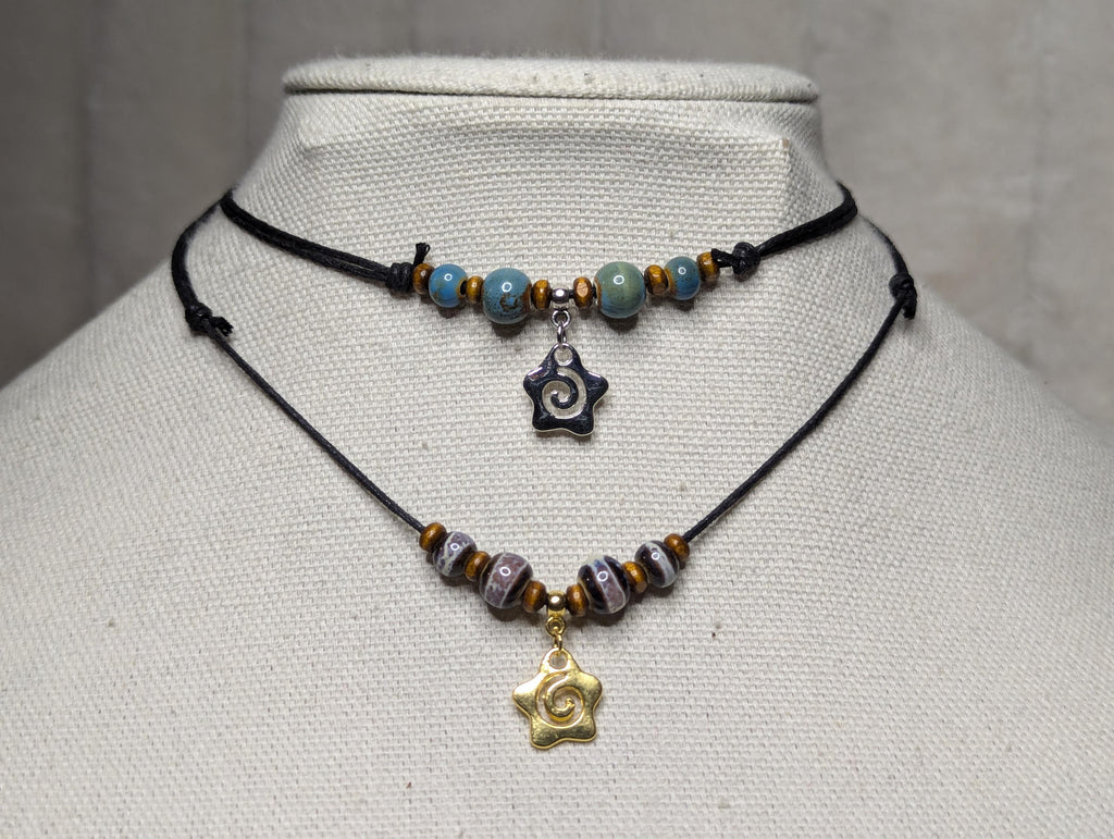 NoctemPottery Spiral Star Charm Ceramic Beaded Pendant Necklace Adjustable Cord
