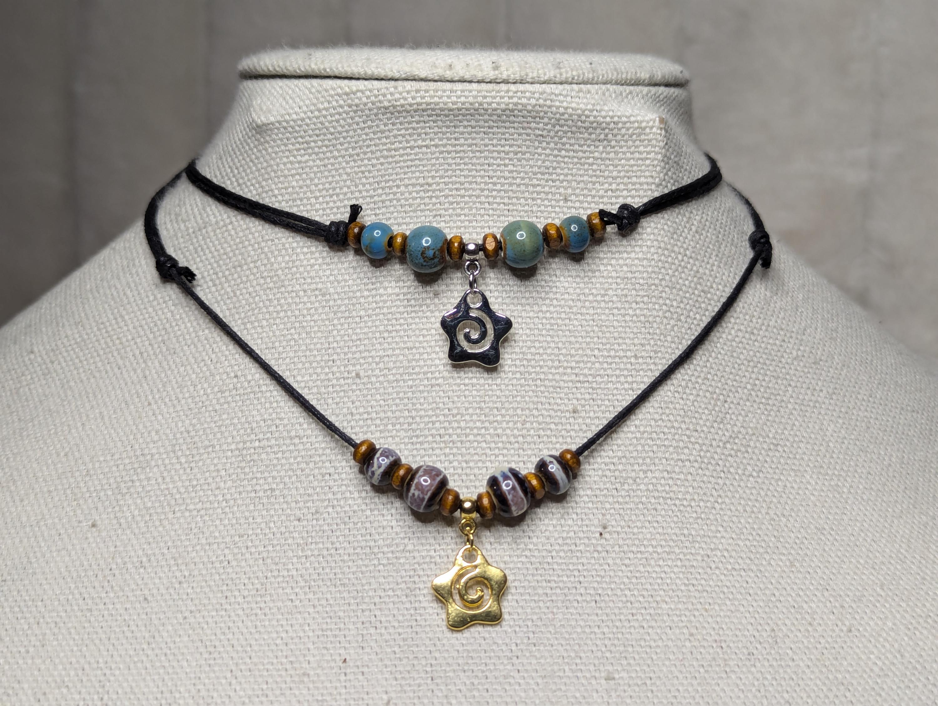 NoctemPottery Spiral Star Charm Ceramic Beaded Pendant Necklace Adjustable Cord