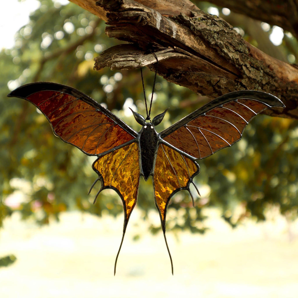SunStainedGlassUA Bat Butterfly Stained Glass Suncatcher 7.7in Halloween Home Decor