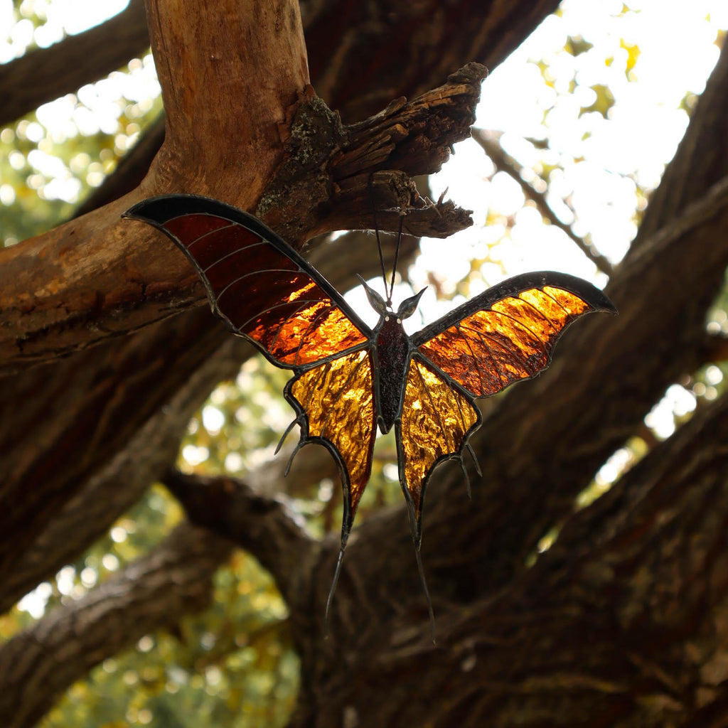 SunStainedGlassUA Bat Butterfly Stained Glass Suncatcher 7.7in Halloween Home Decor