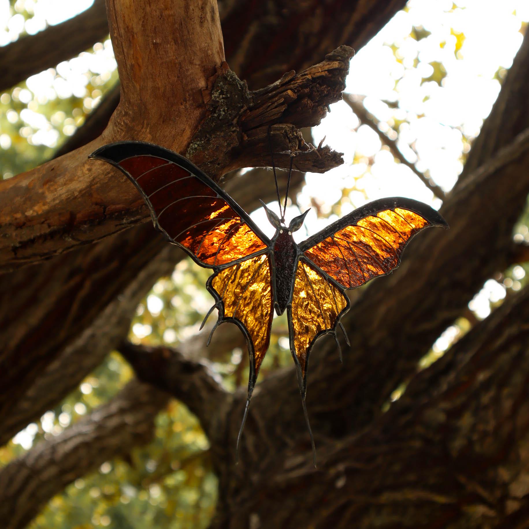 SunStainedGlassUA Bat Butterfly Stained Glass Suncatcher 7.7in Halloween Home Decor