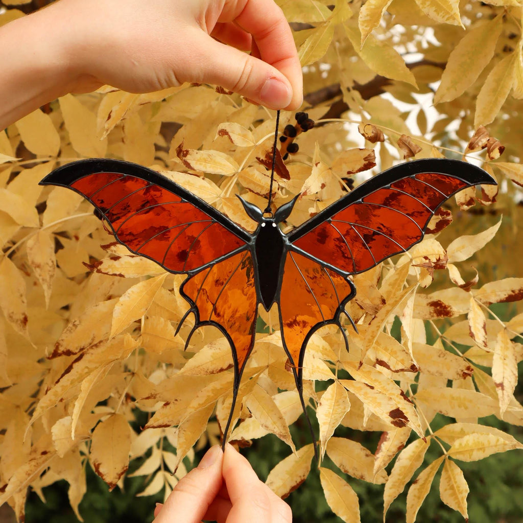 SunStainedGlassUA Bat Butterfly Stained Glass Suncatcher 7.7in Halloween Home Decor