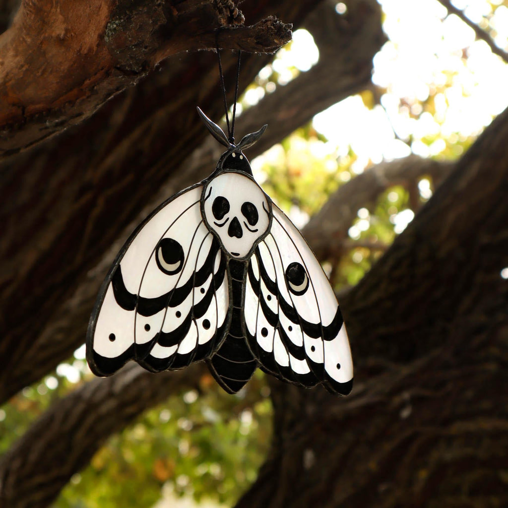 SunStainedGlassUA Skull Moth Stained Glass Suncatcher Iridescent