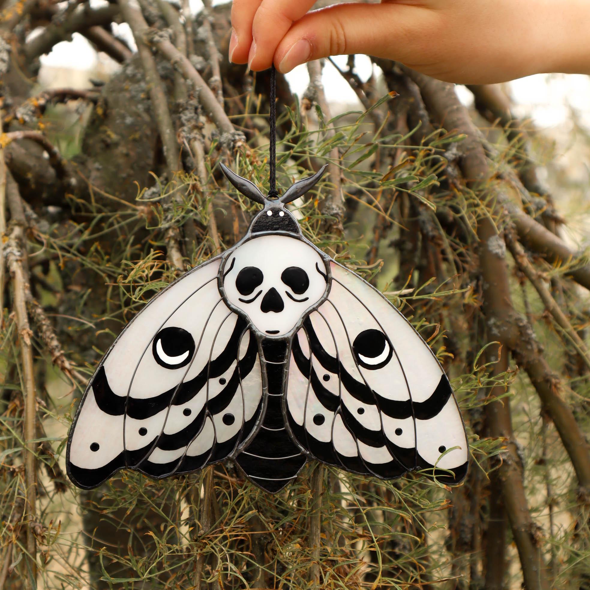 SunStainedGlassUA Skull Moth Stained Glass Suncatcher Iridescent
