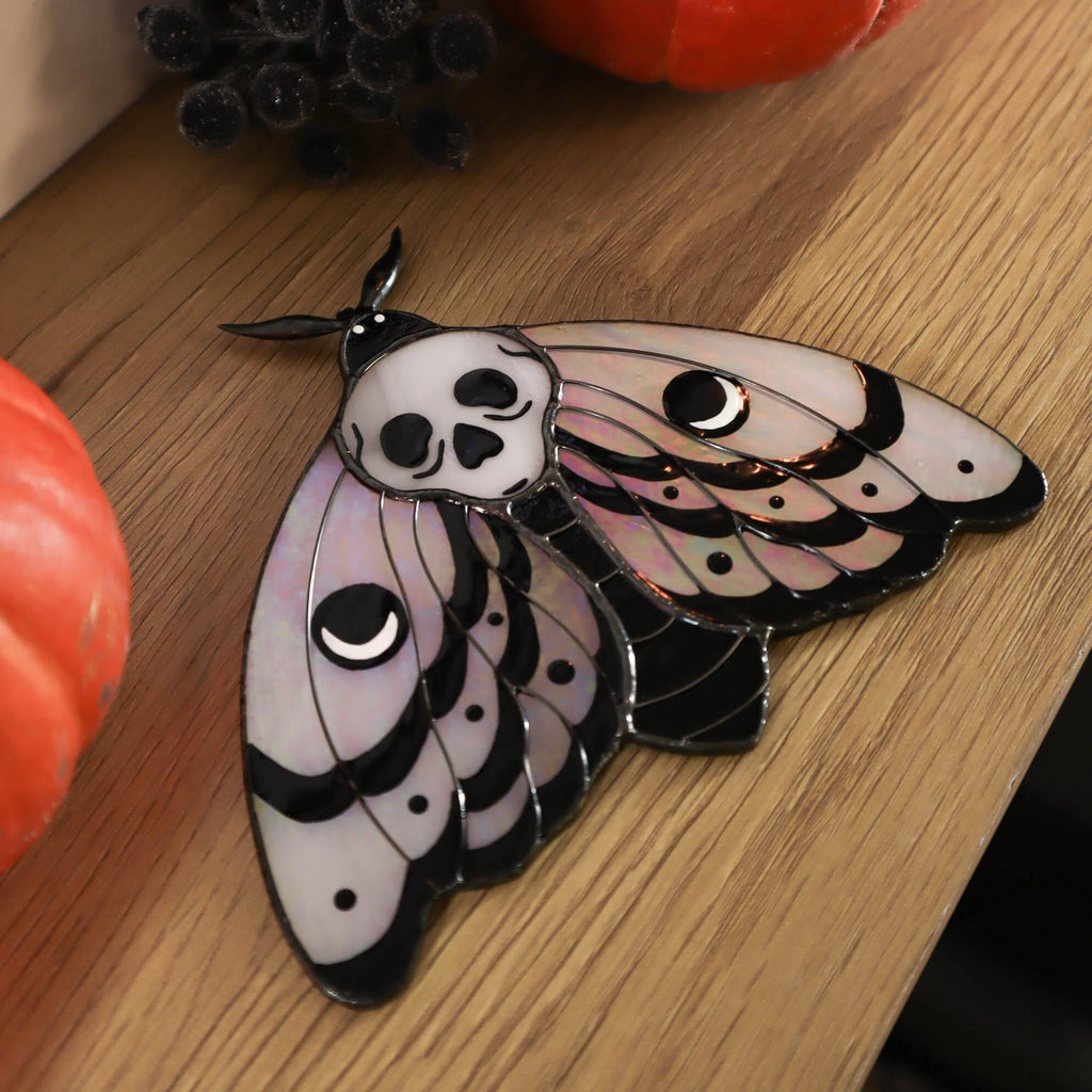 SunStainedGlassUA Skull Moth Stained Glass Suncatcher Iridescent