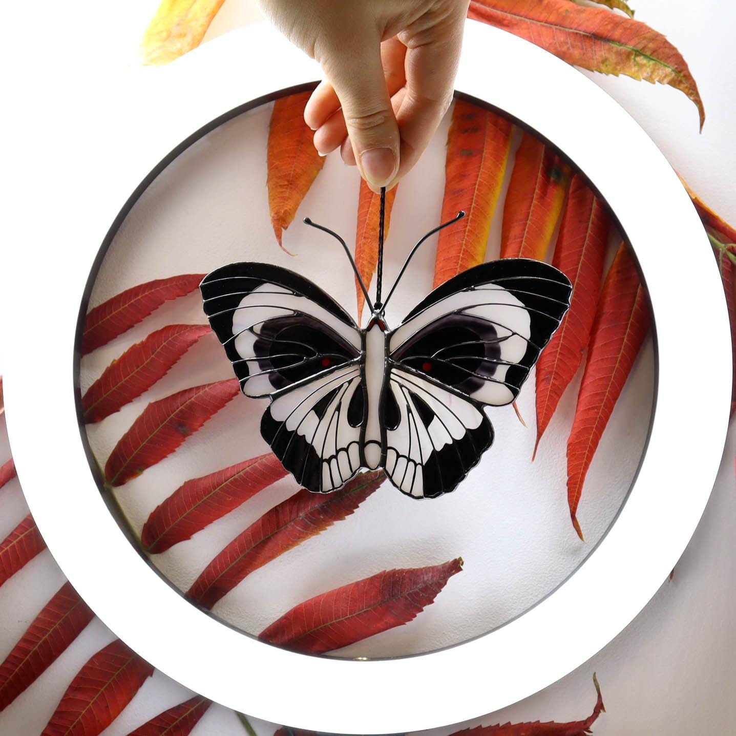 SunStainedGlassUA Skull Butterfly Stained Glass Suncatcher Black White