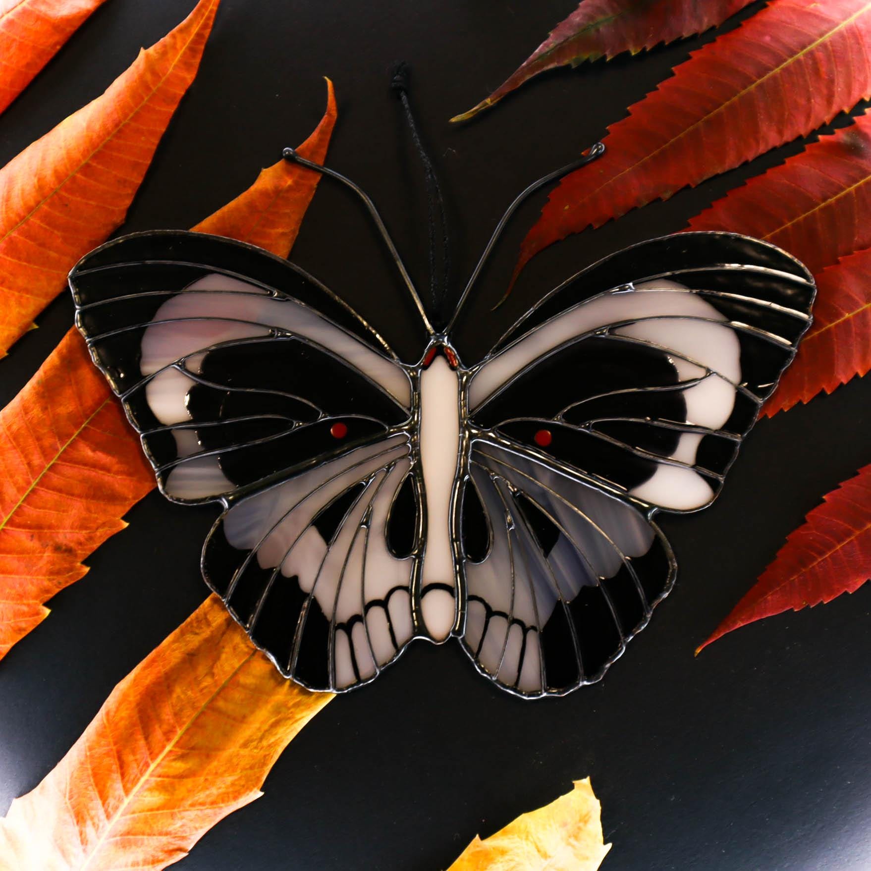 SunStainedGlassUA Skull Butterfly Stained Glass Suncatcher Black White