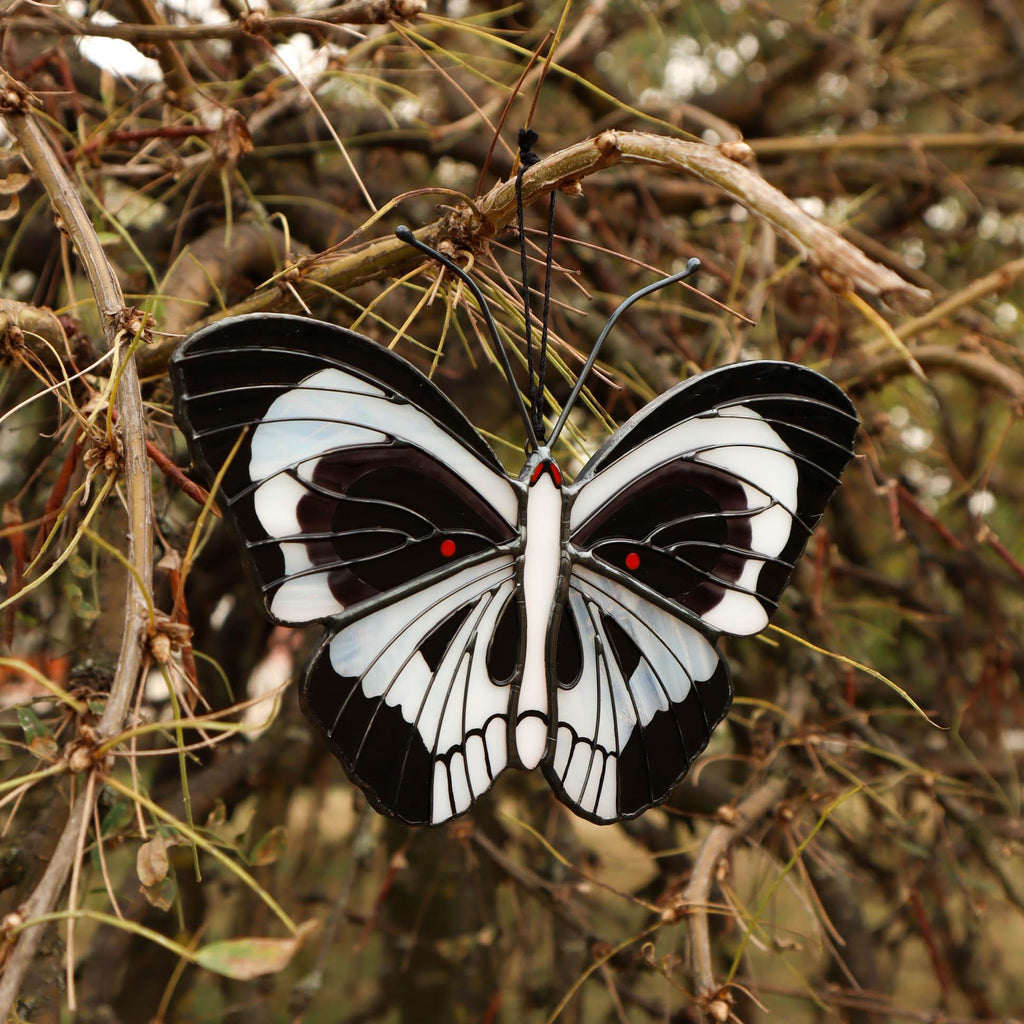 SunStainedGlassUA Skull Butterfly Stained Glass Suncatcher Black White