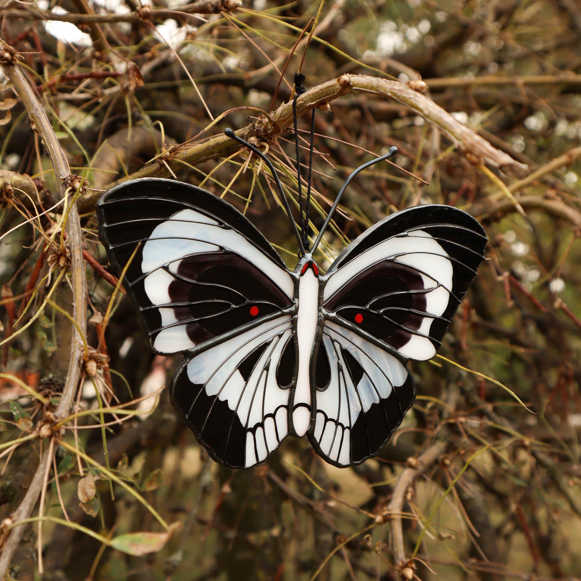SunStainedGlassUA Skull Butterfly Stained Glass Suncatcher Black White
