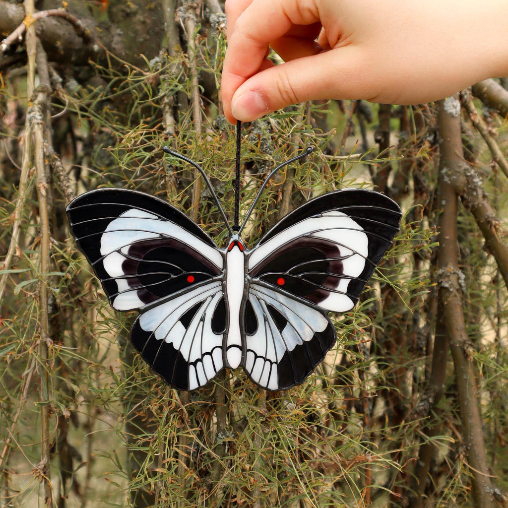 SunStainedGlassUA Skull Butterfly Stained Glass Suncatcher Black White