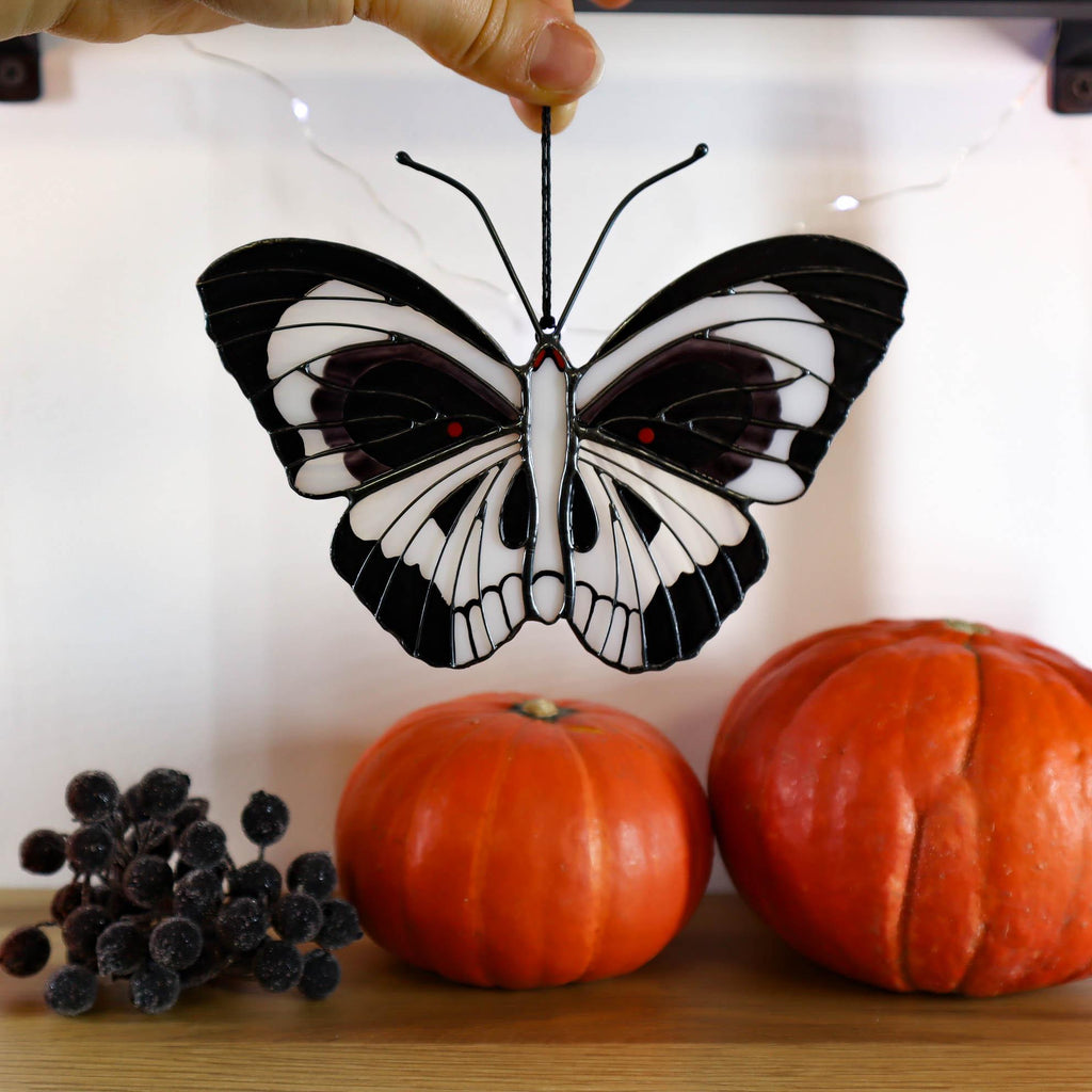 SunStainedGlassUA Skull Butterfly Stained Glass Suncatcher Black White