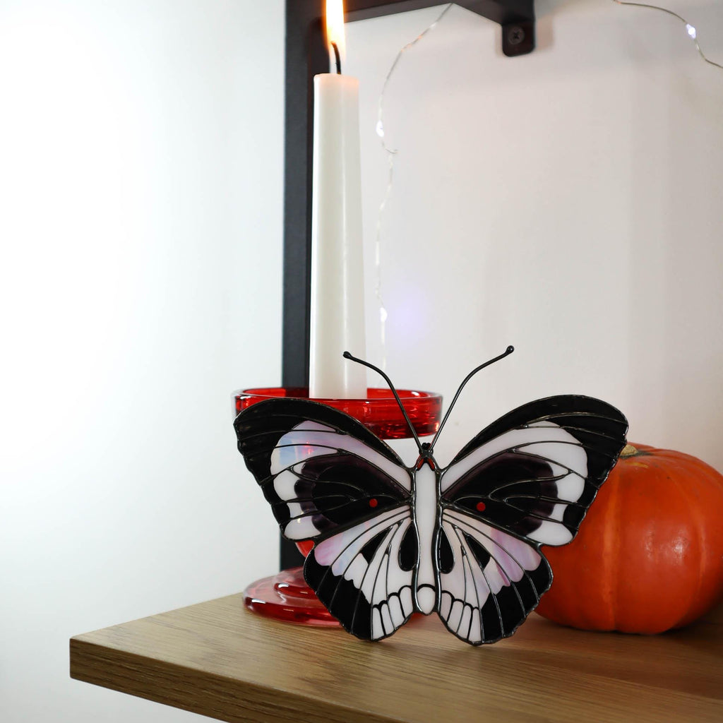 SunStainedGlassUA Skull Butterfly Stained Glass Suncatcher Black White