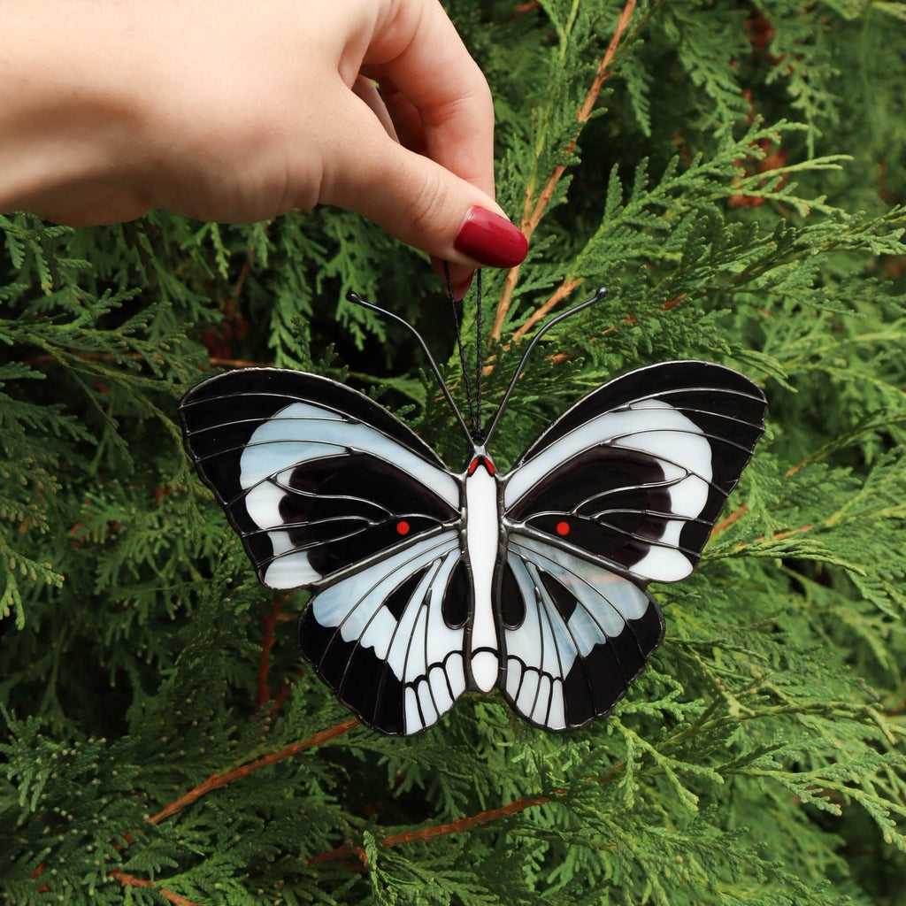 SunStainedGlassUA Skull Butterfly Stained Glass Suncatcher Black White