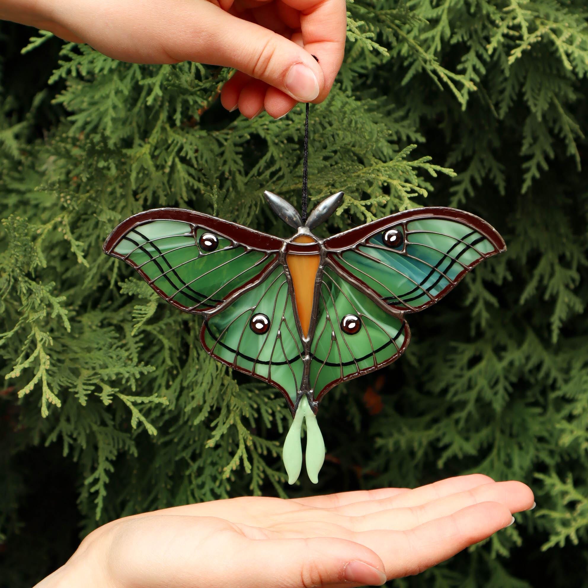 SunStainedGlassUA Spanish Luna Moth Stained Glass Suncatcher 6in Green