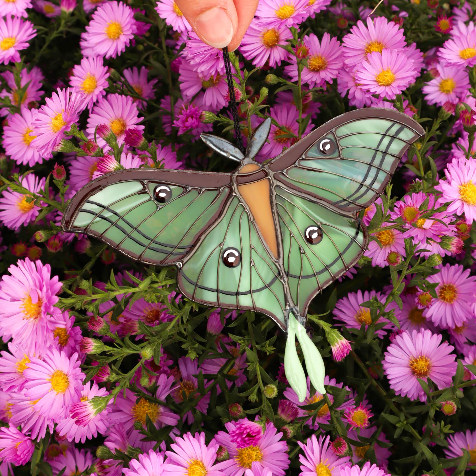 SunStainedGlassUA Spanish Luna Moth Stained Glass Suncatcher 6in Green
