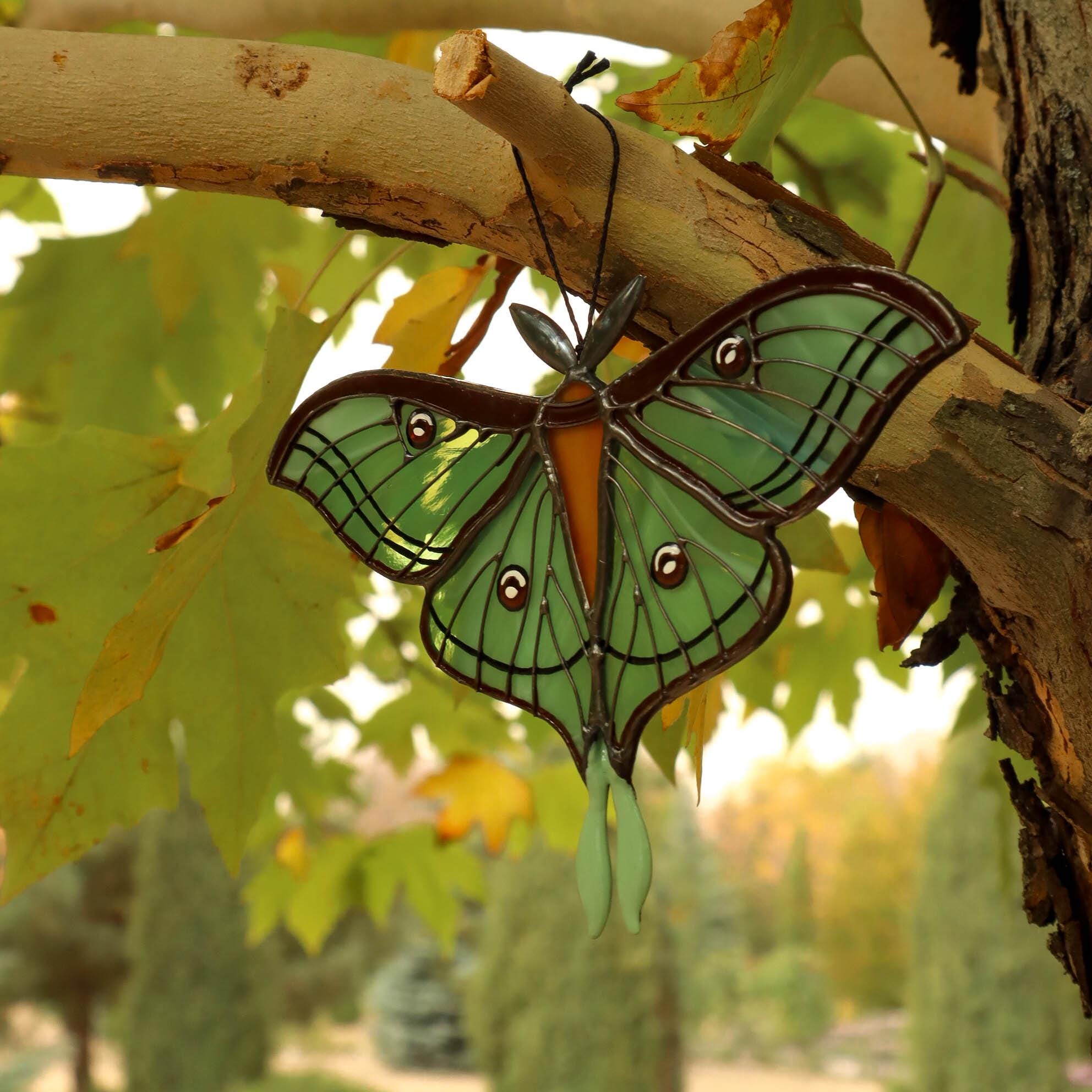 SunStainedGlassUA Spanish Luna Moth Butterfly Stained Glass Suncatcher Green