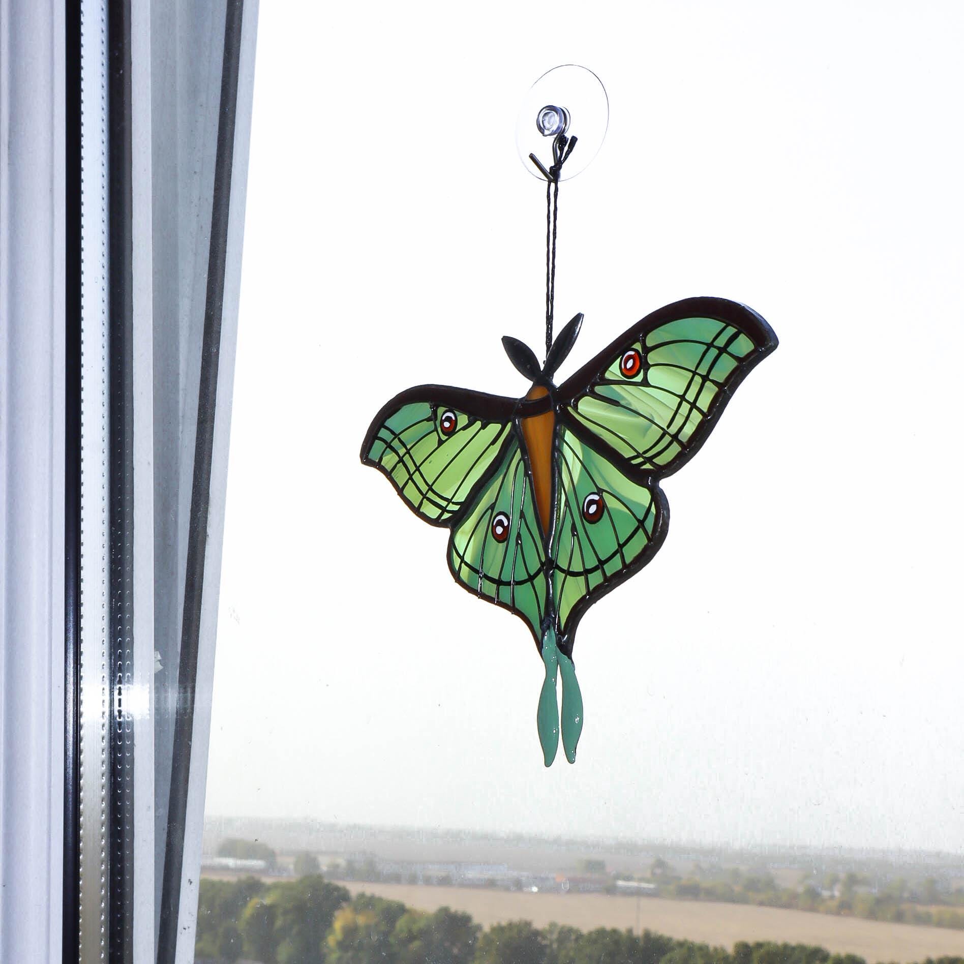 SunStainedGlassUA Spanish Luna Moth Butterfly Stained Glass Suncatcher Green