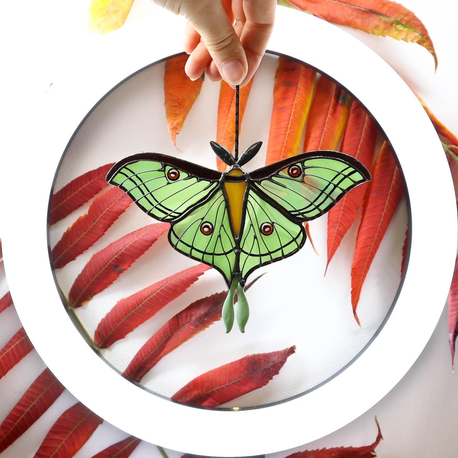 SunStainedGlassUA Spanish Luna Moth Butterfly Stained Glass Suncatcher Green