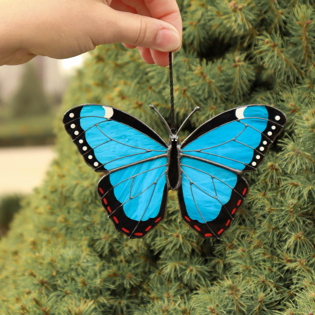 SunStainedGlassUA Peleides Blue Morpho Butterfly Stained Glass Suncatcher 5.4in