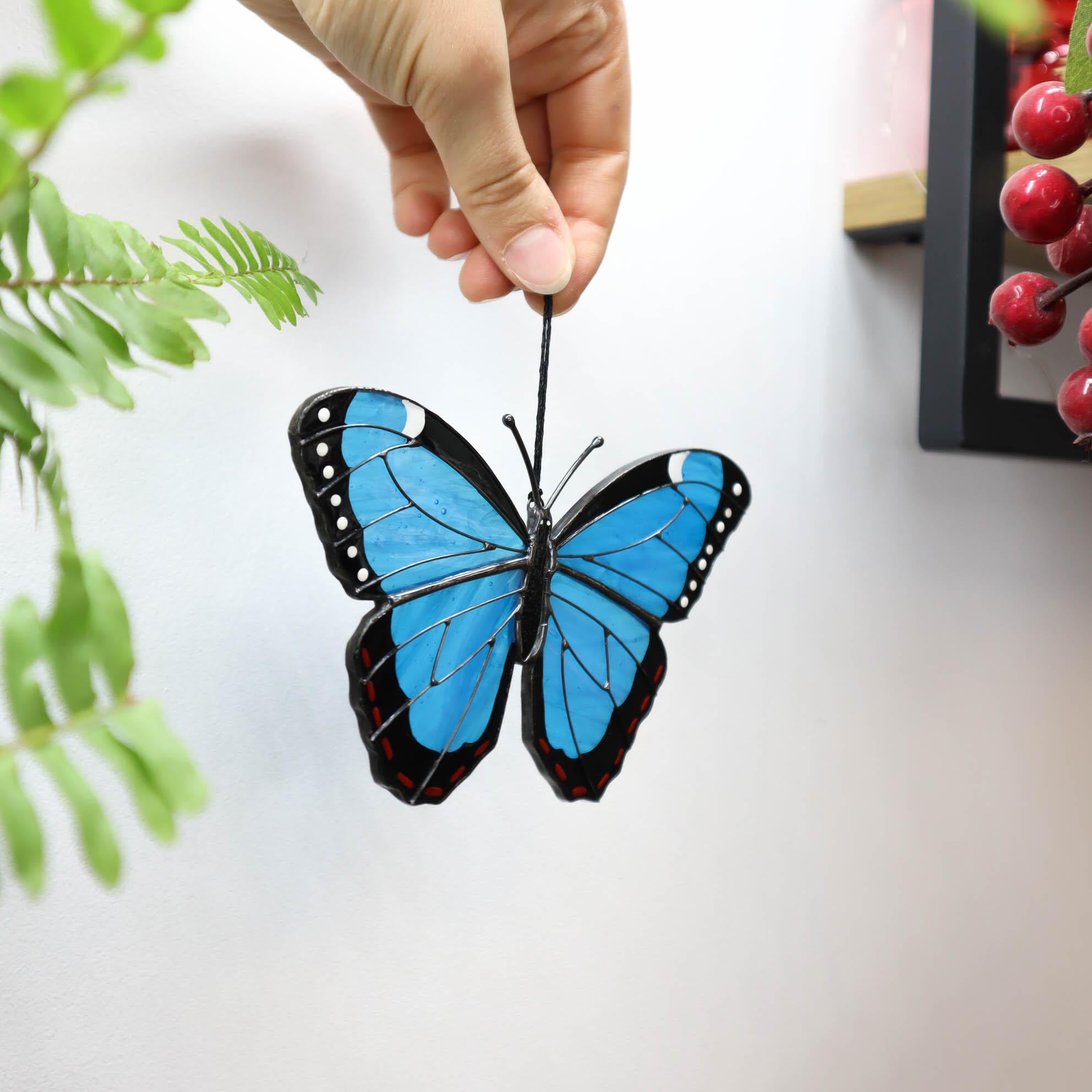 SunStainedGlassUA Peleides Blue Morpho Butterfly Stained Glass Suncatcher 5.4in