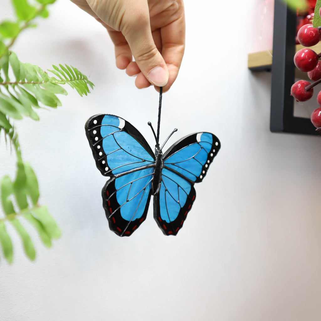SunStainedGlassUA Peleides Blue Morpho Stained Glass Suncatcher Window Hanging