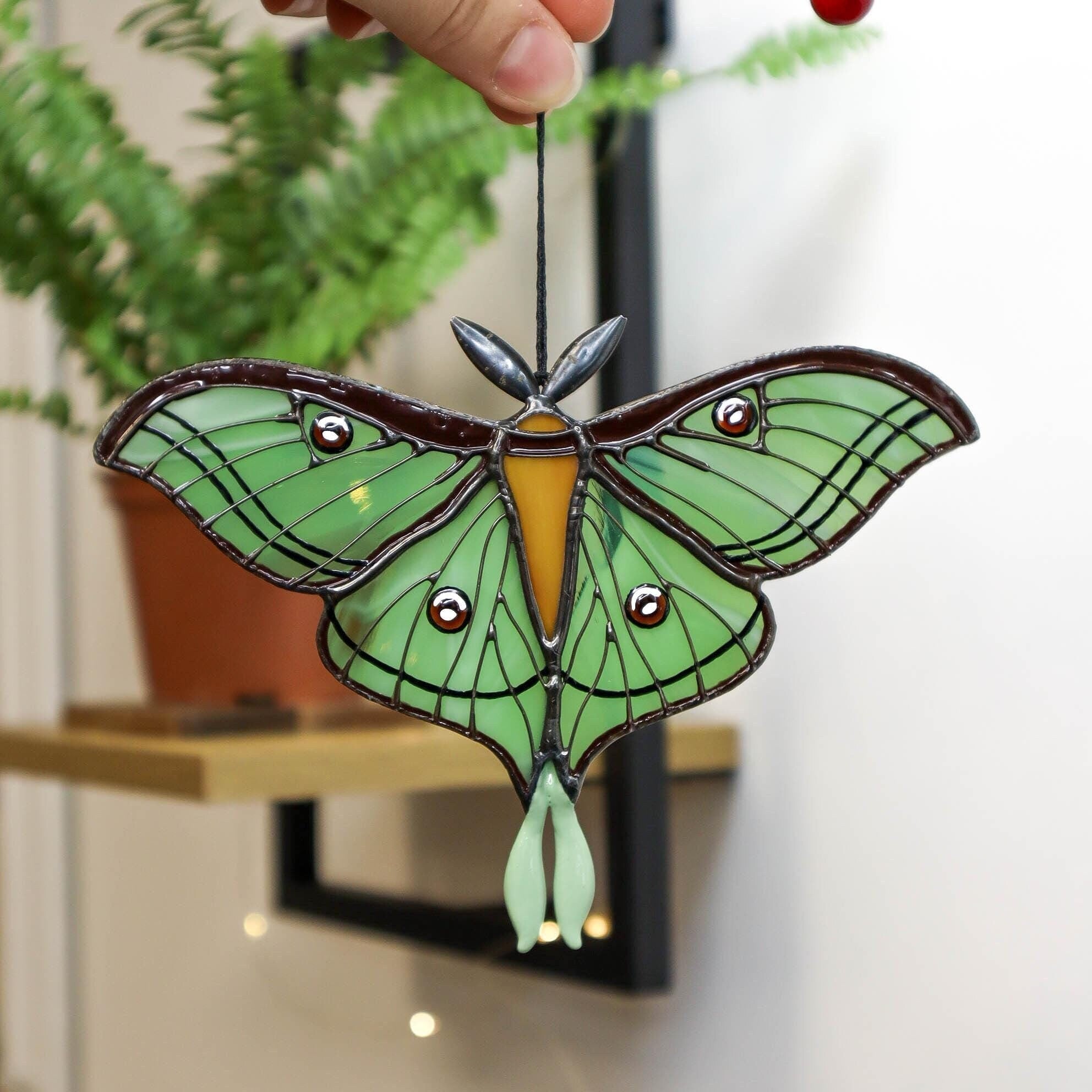 SunStainedGlassUA Spanish Luna Moth Stained Glass Suncatcher 6in Green