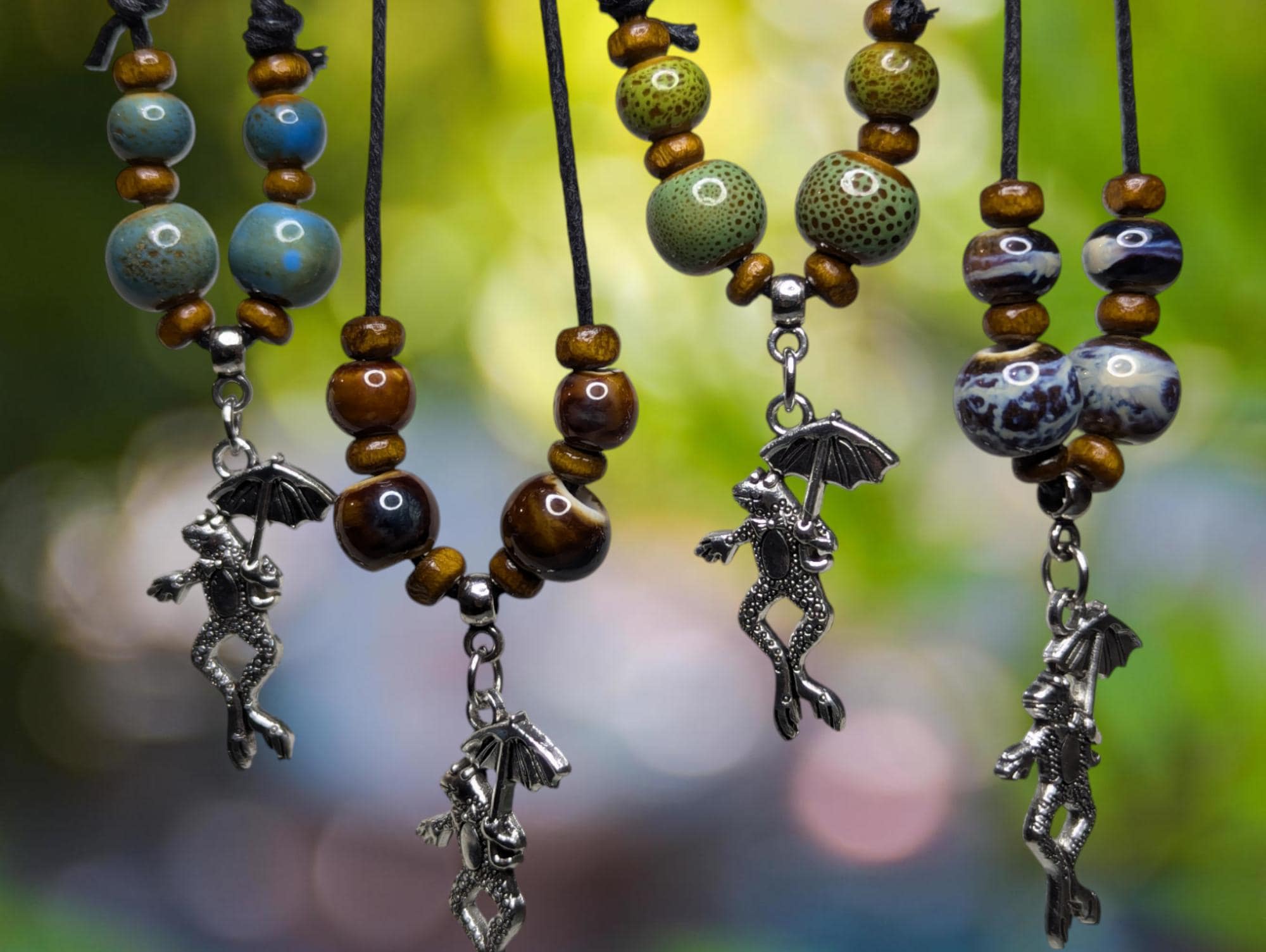 NoctemPottery Frog Umbrella Silver Charm Ceramic Beaded Pendant Necklace