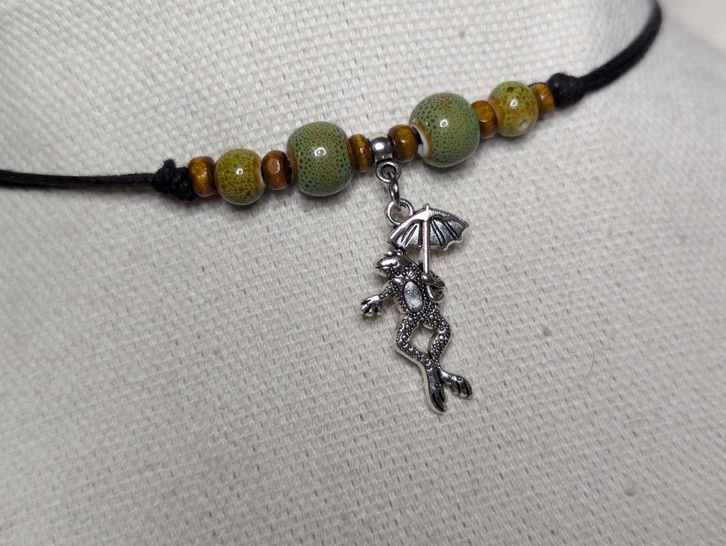 NoctemPottery Frog Umbrella Silver Charm Ceramic Beaded Pendant Necklace