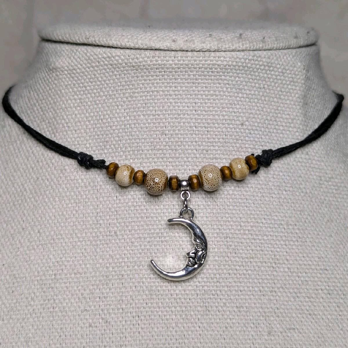 NoctemPottery Crescent Moon Face Silver Charm Ceramic Bead Pendant Necklace