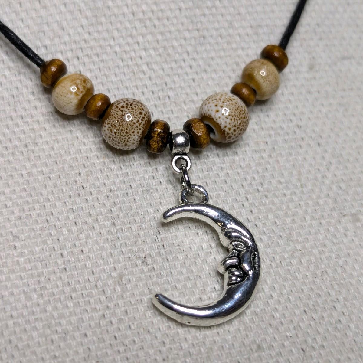 NoctemPottery Crescent Moon Face Silver Charm Ceramic Bead Pendant Necklace