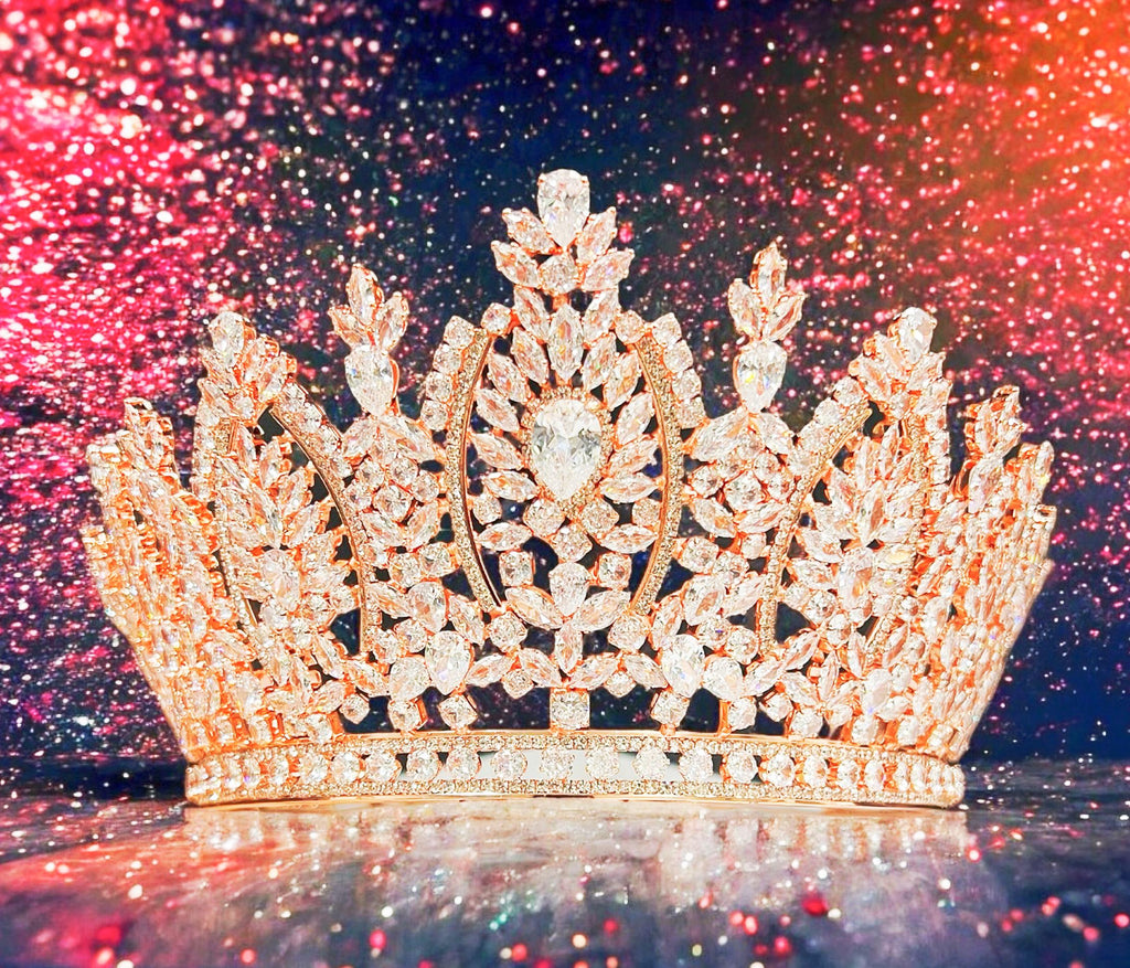 HappyJewelryWorld Zirconia Rose Gold Tiara Crystal Wedding Crown Prom Headpiece
