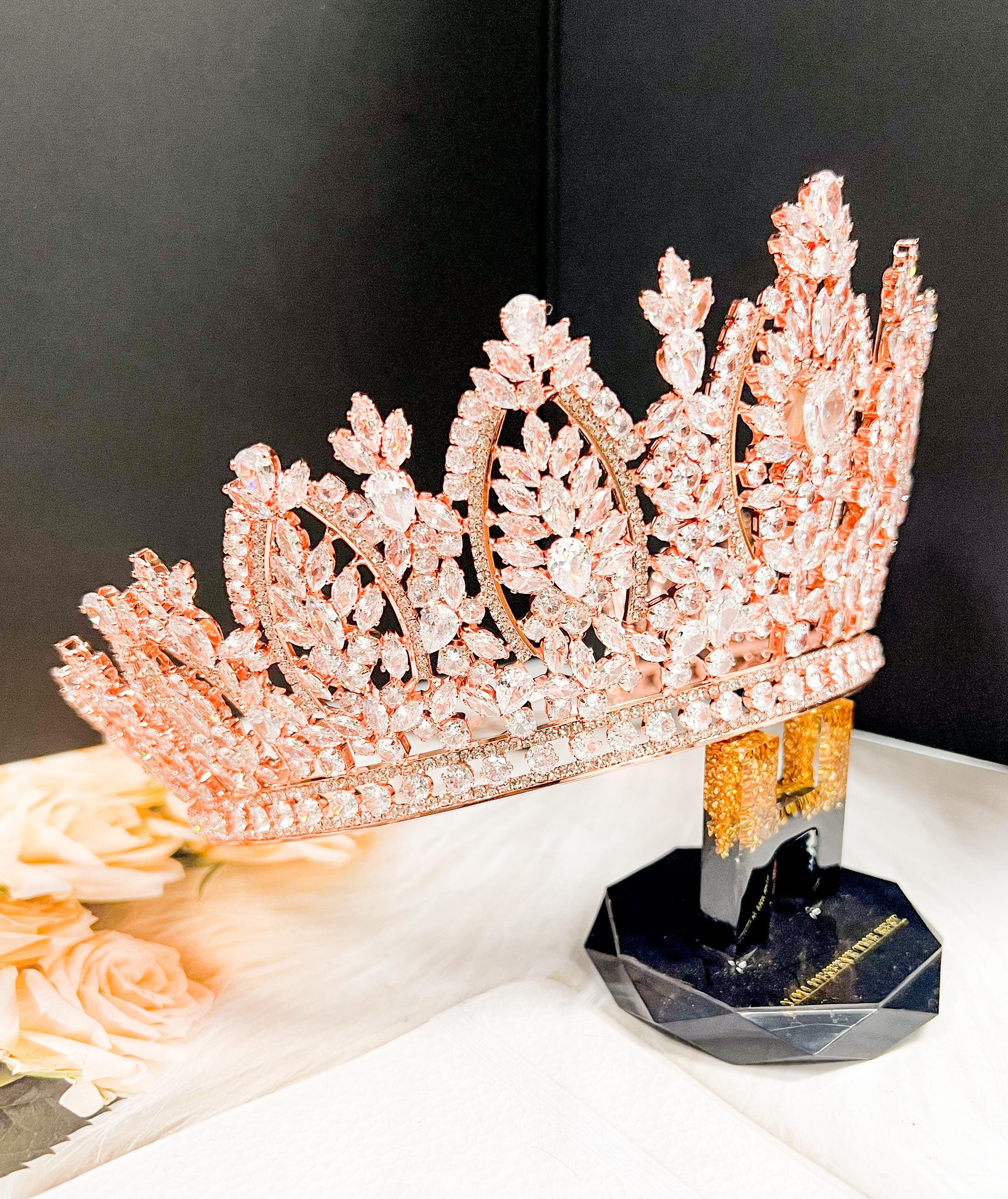 HappyJewelryWorld Zirconia Rose Gold Tiara Crystal Wedding Crown Prom Headpiece