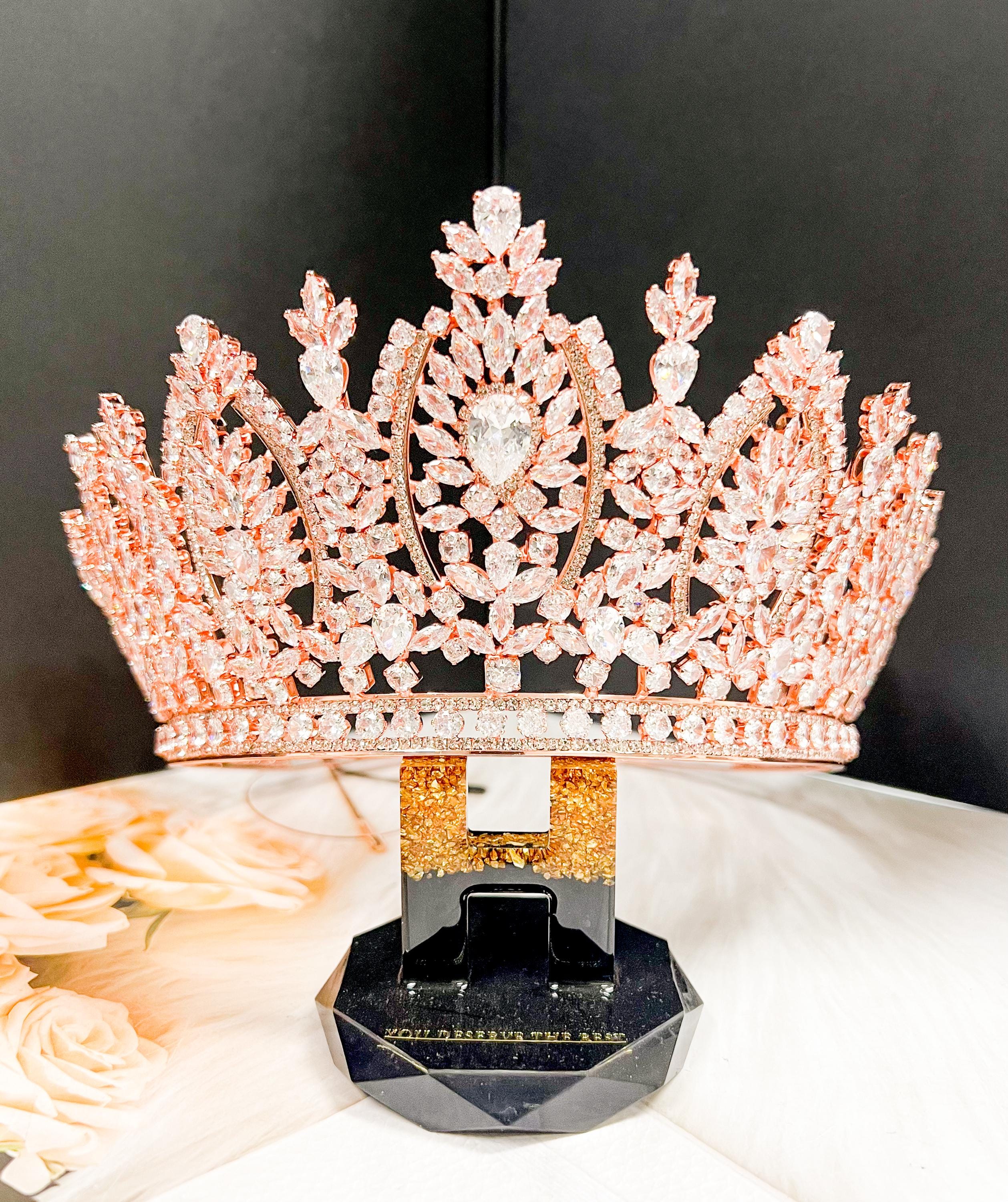 HappyJewelryWorld Zirconia Rose Gold Tiara Crystal Wedding Crown Prom Headpiece