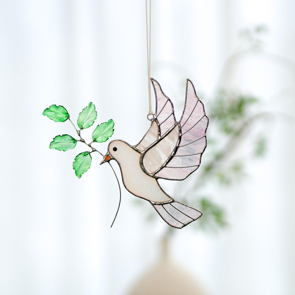 RainLine Handcrafted White Dove Stained Glass Suncatcher with Olive Branch