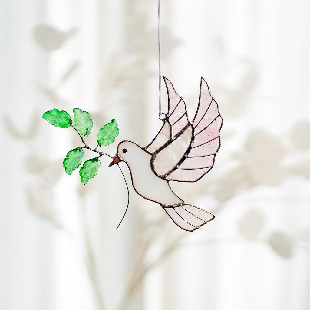 RainLine Handcrafted White Dove Stained Glass Suncatcher with Olive Branch