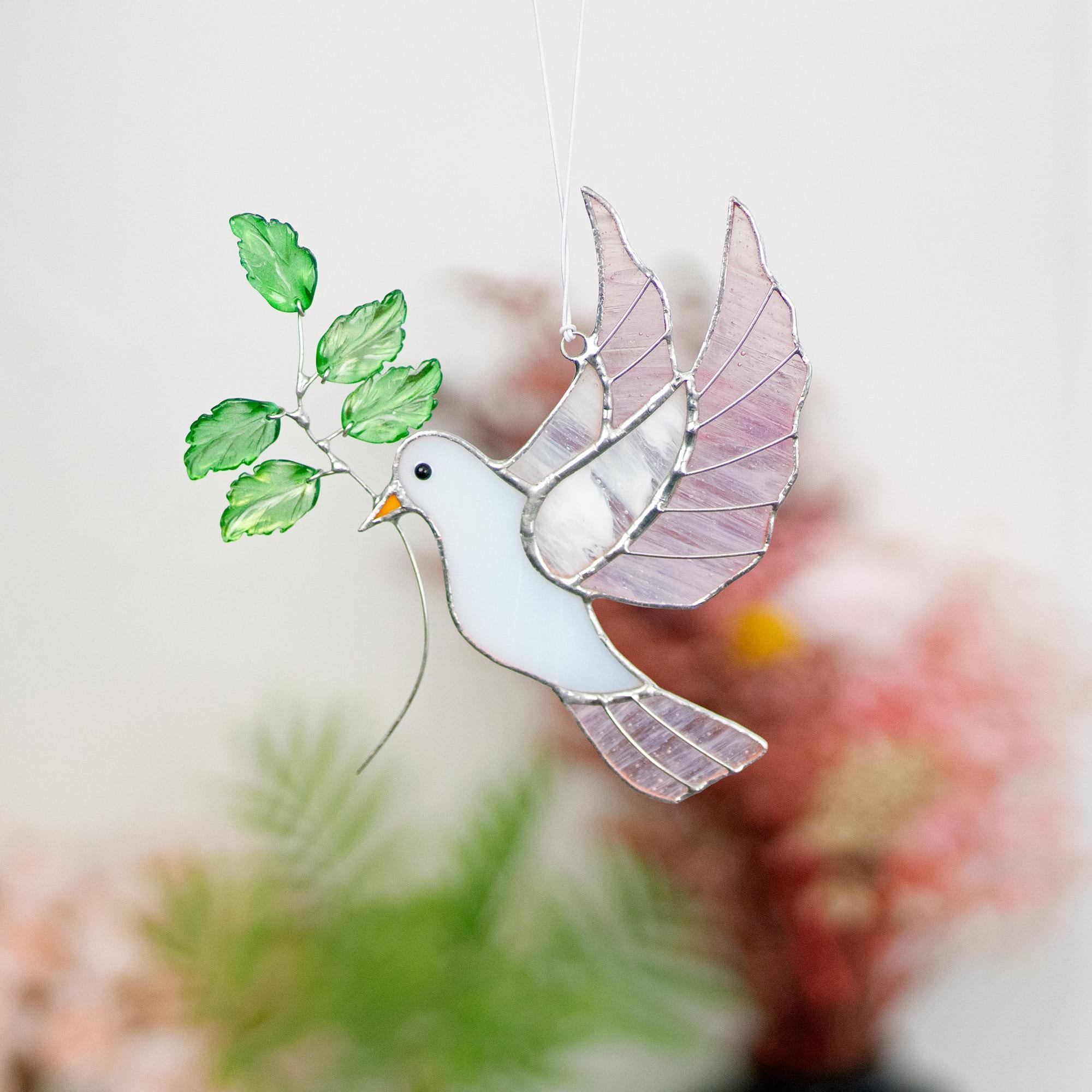 RainLine Handcrafted White Dove Stained Glass Suncatcher with Olive Branch
