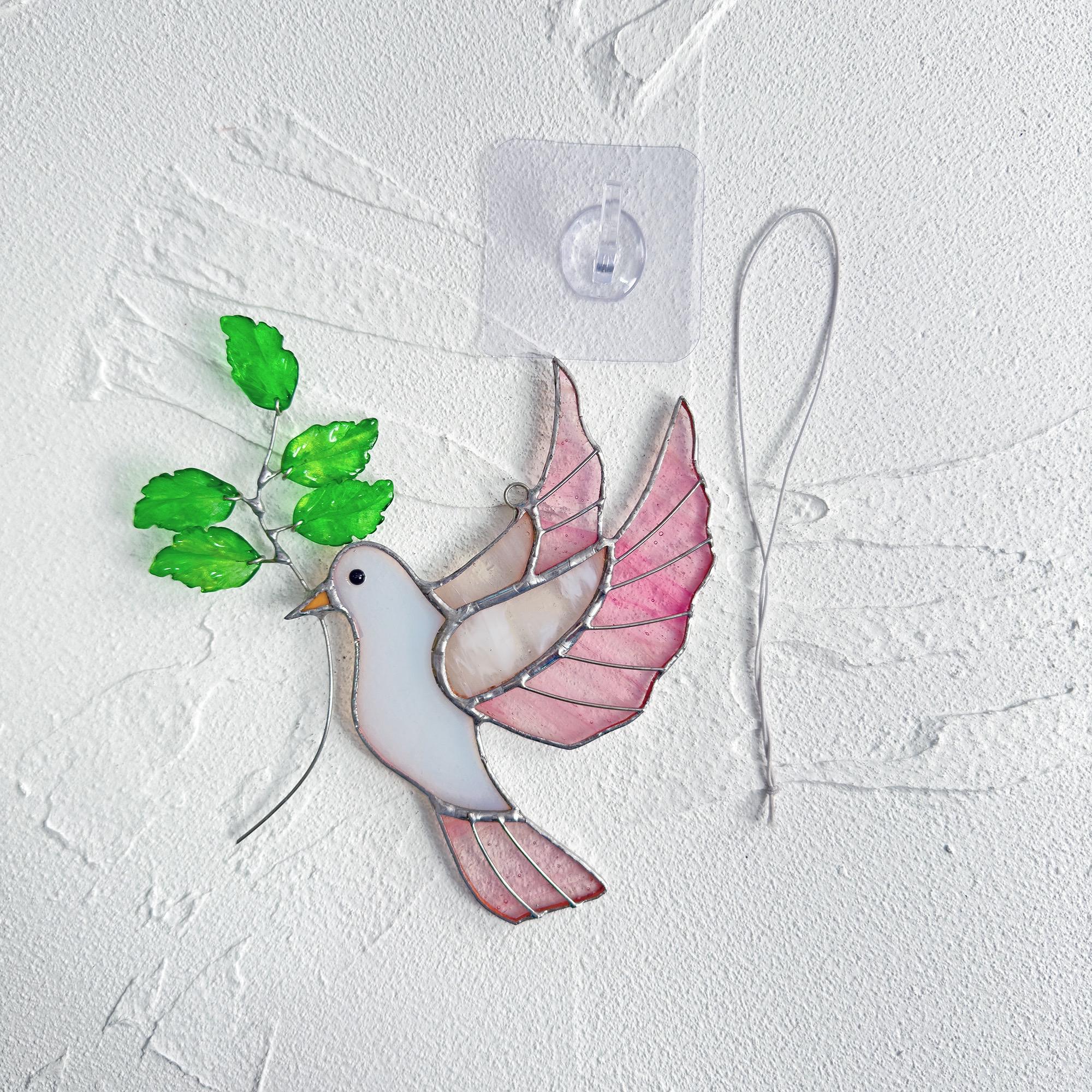 RainLine Handcrafted White Dove Stained Glass Suncatcher with Olive Branch