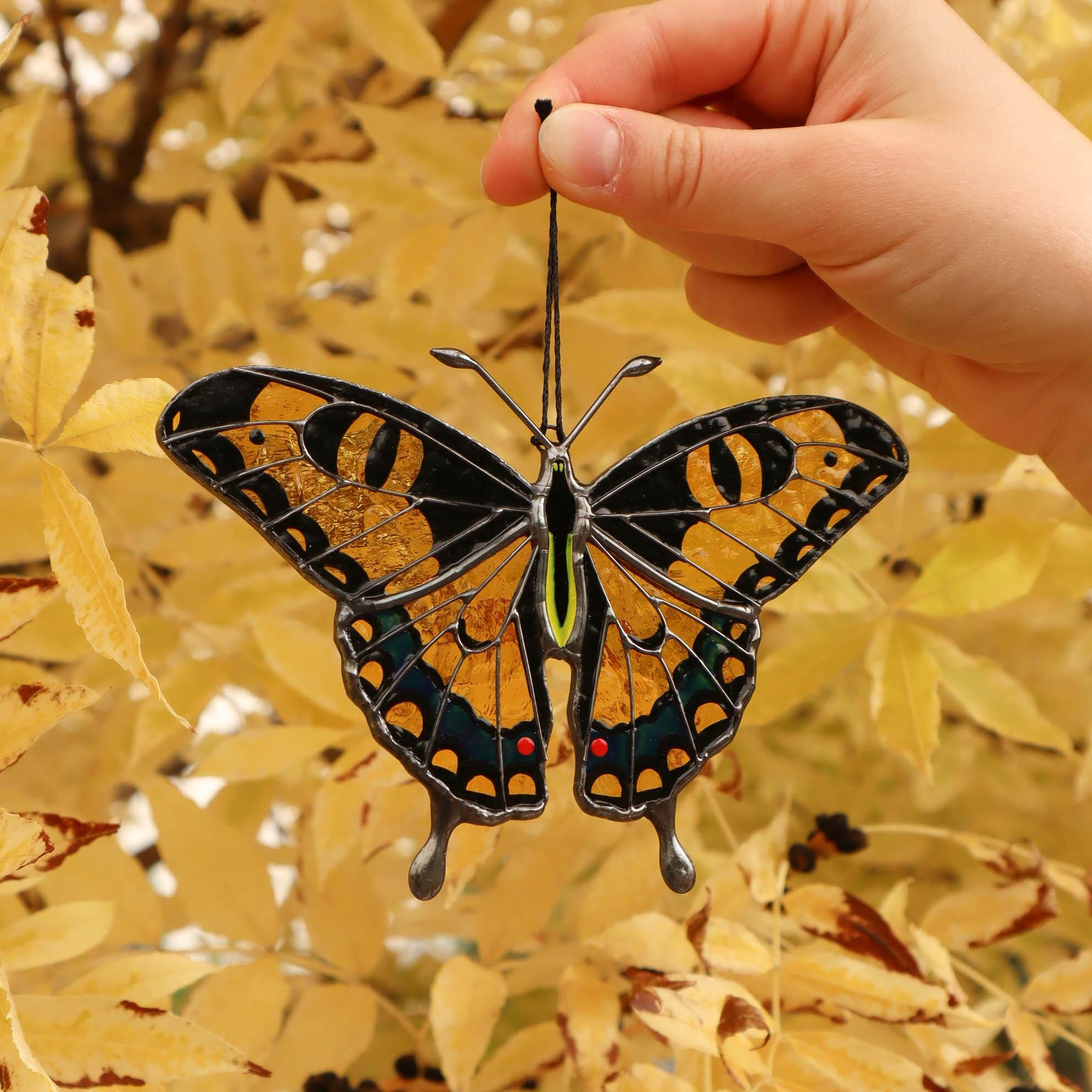 SunStainedGlassUA Yellow Swallowtail Butterfly Stained Glass Suncatcher