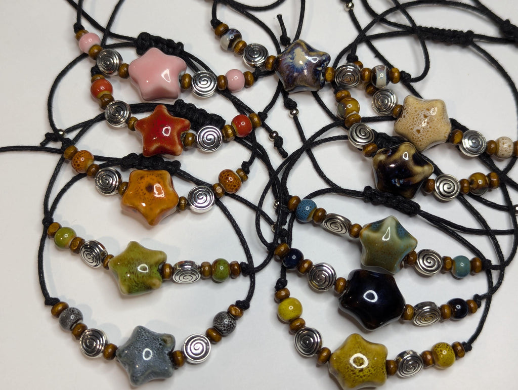 NoctemPottery Ceramic Star Spiral Beaded Bracelet 10in Black Cord