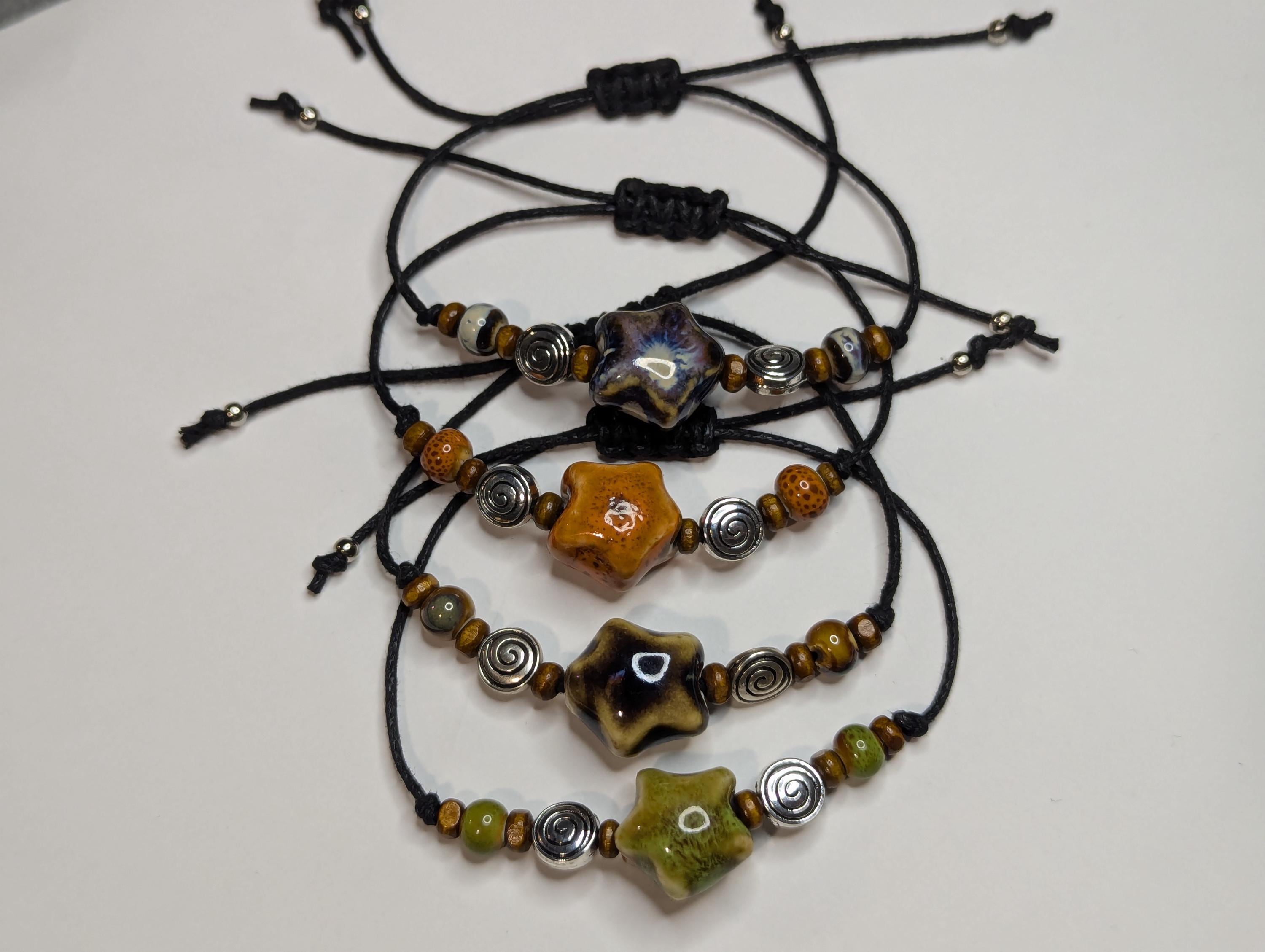 NoctemPottery Ceramic Star Spiral Beaded Bracelet 10in Black Cord