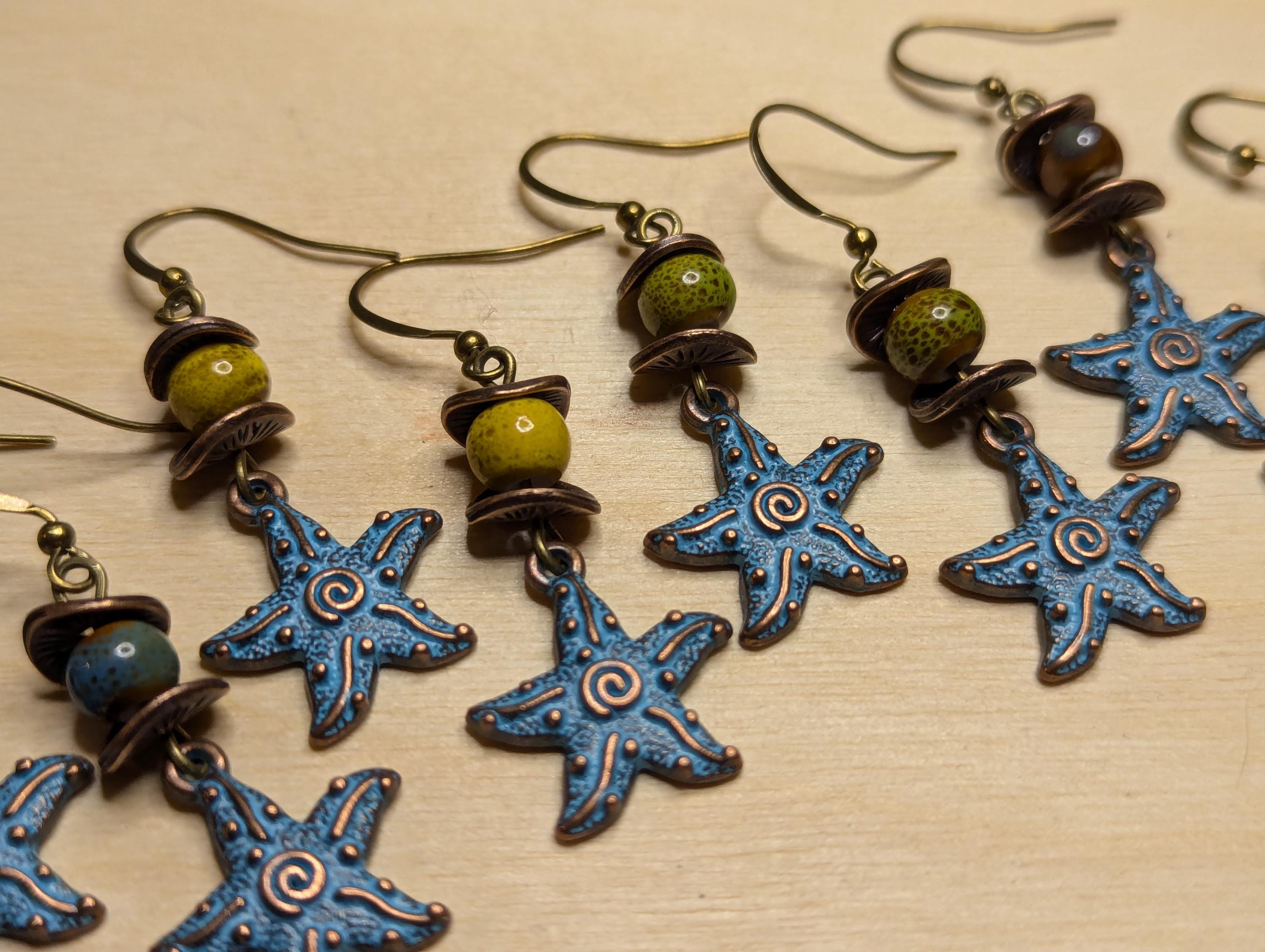 NoctemPottery Starfish Spiral Pendant Dangle Earrings Blue Patina Ceramic
