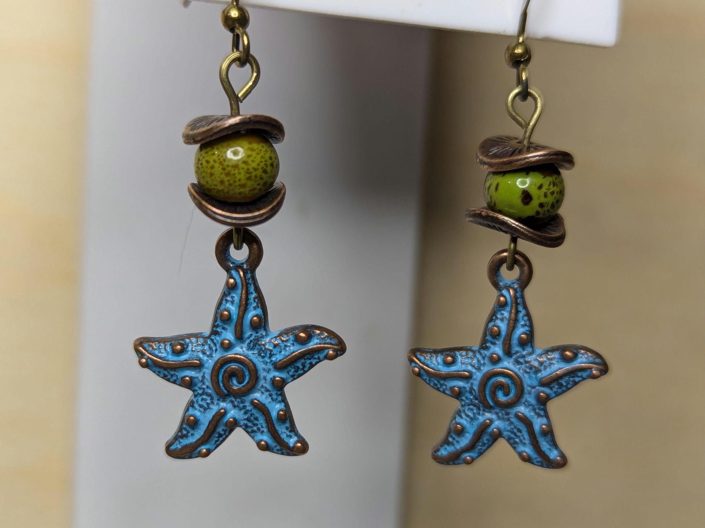 NoctemPottery Starfish Spiral Pendant Dangle Earrings Blue Patina Ceramic