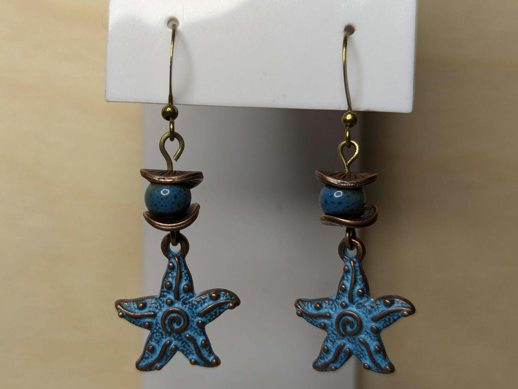NoctemPottery Starfish Spiral Pendant Dangle Earrings Blue Patina Ceramic