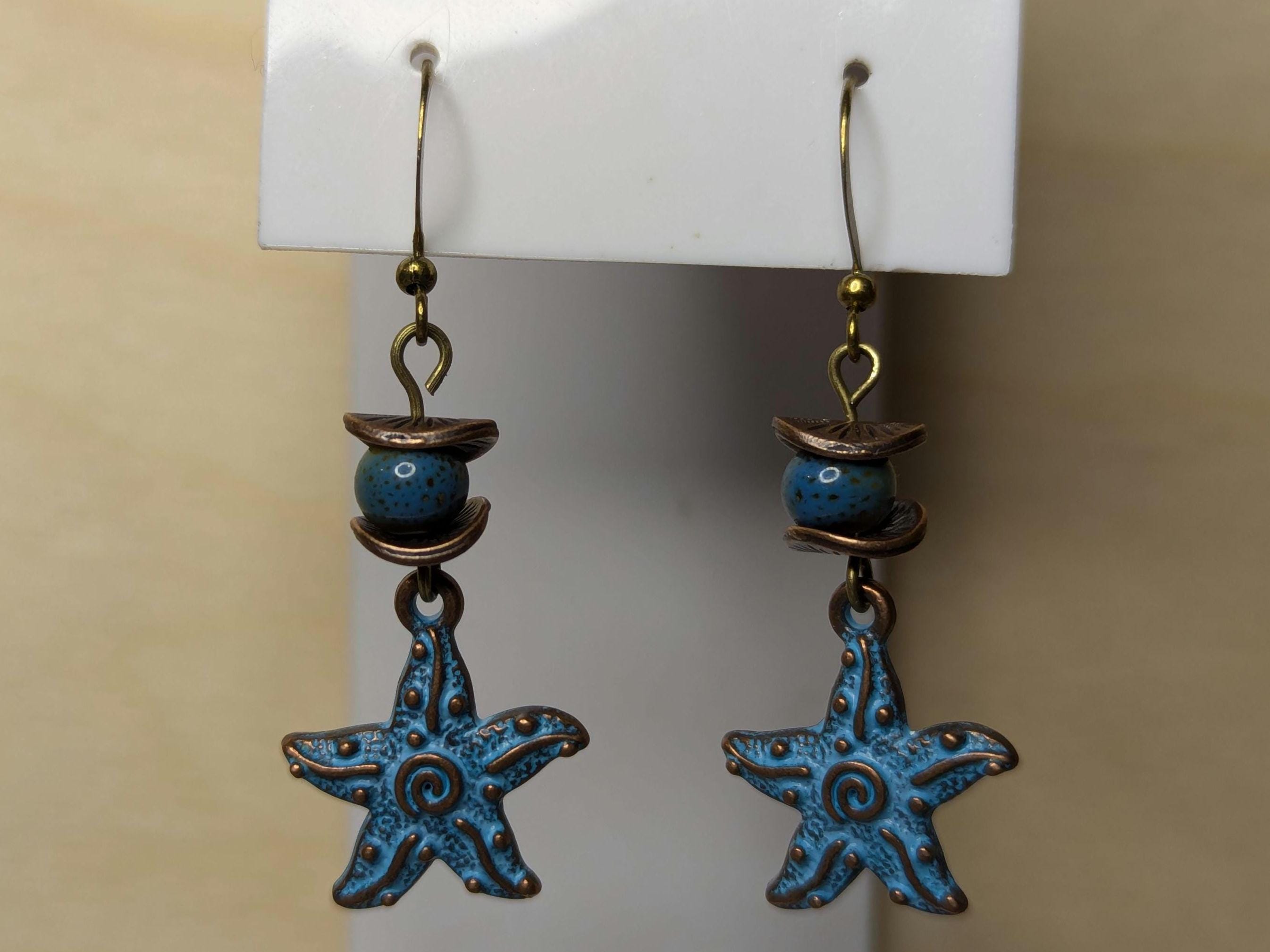 NoctemPottery Starfish Spiral Pendant Dangle Earrings Blue Patina Ceramic