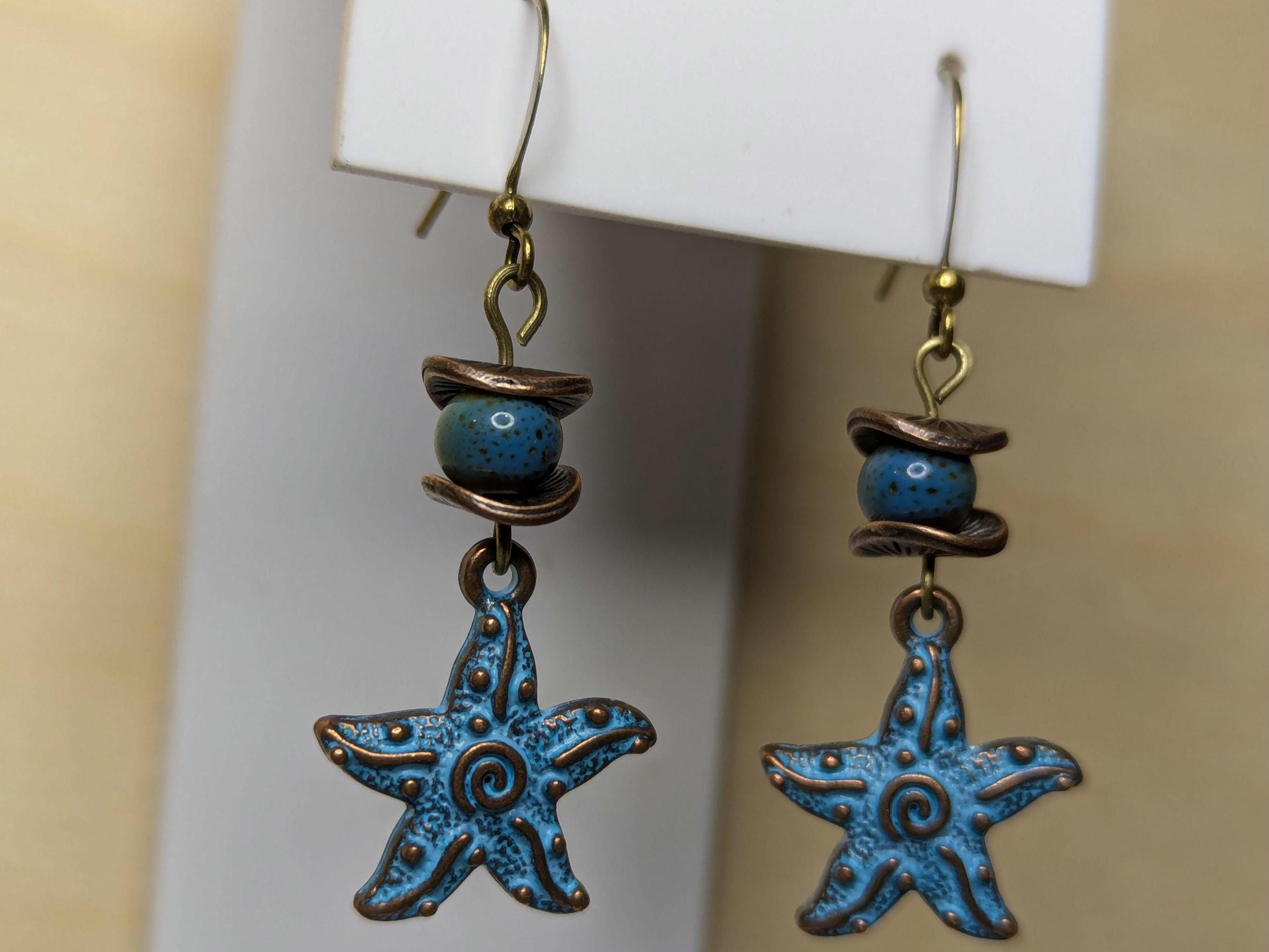 NoctemPottery Starfish Spiral Pendant Dangle Earrings Blue Patina Ceramic