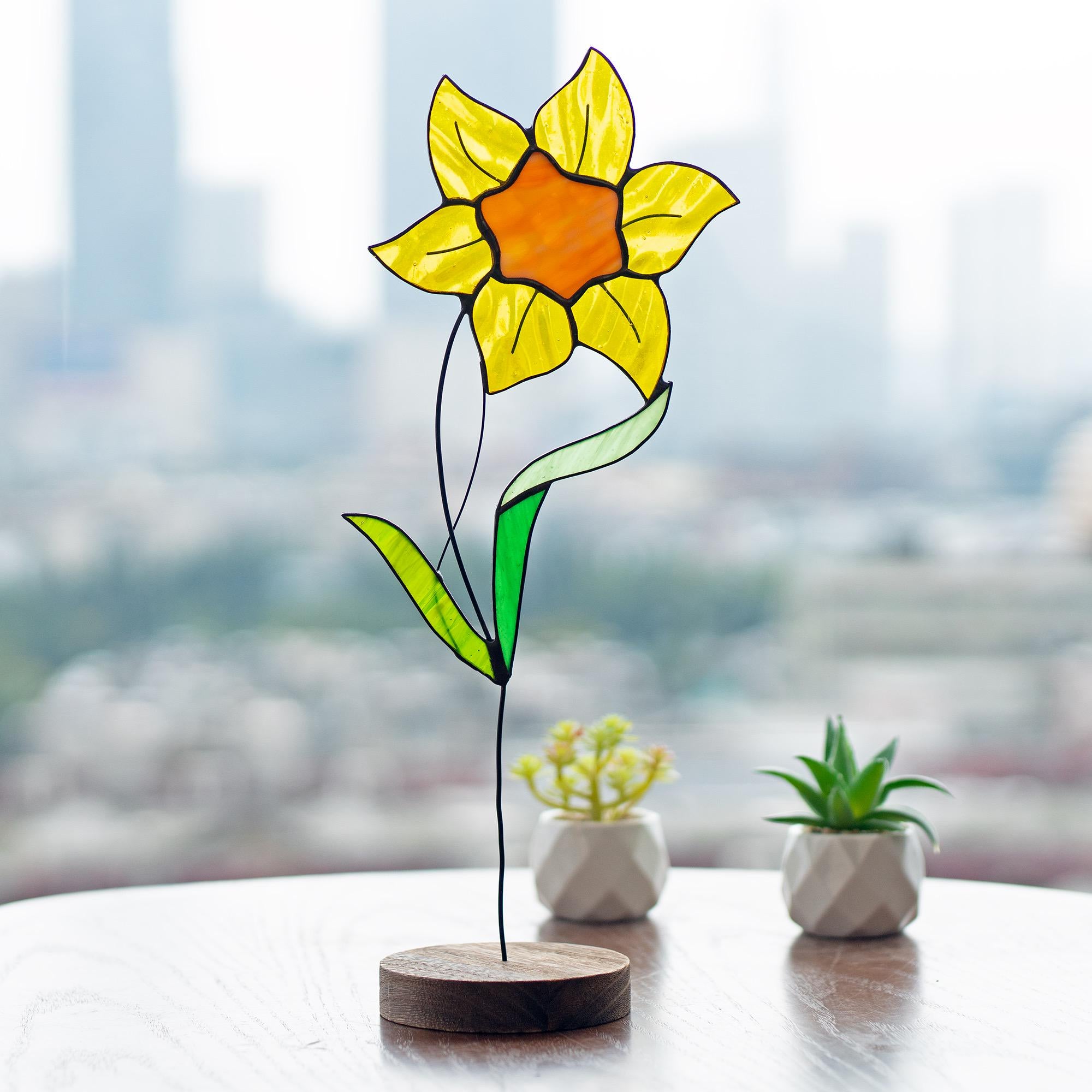 RainLine Daffodil Stained Glass Plant Stake Suncatcher With Wooden Base